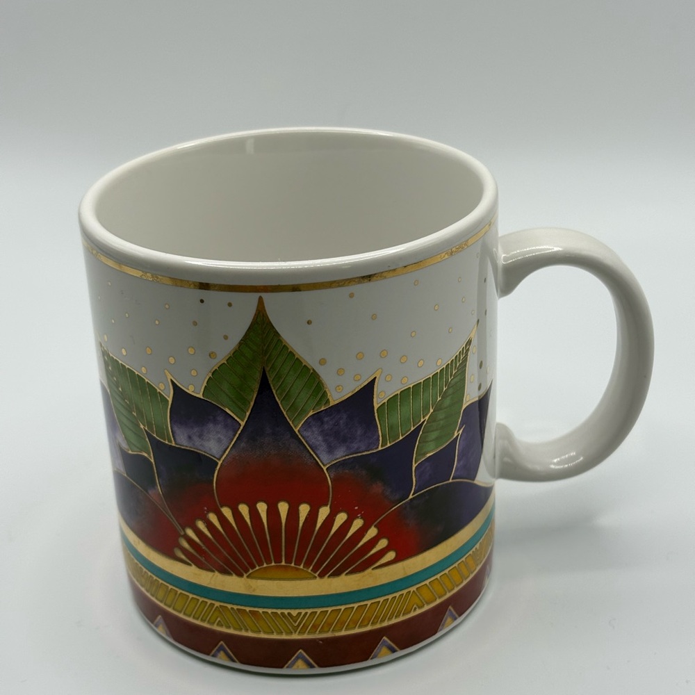 VTG Elegant 90’s Laurel Burch Ceramic Mug Gold trim  "Celestial Lotus"  Art Deco